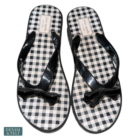 Kate Spade Rina Wedge Flip Flops Black Gingham Bow Sandals Size 7B Women’s - Picture 5 of 14